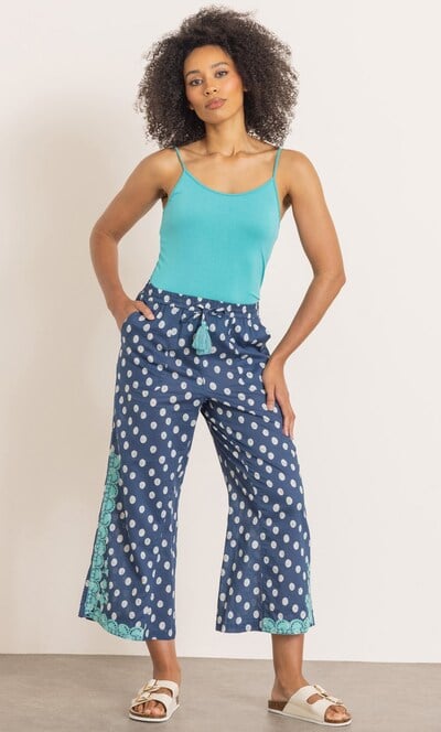 Embroidered Spotty Wide Leg Cropped Cotton Trousers