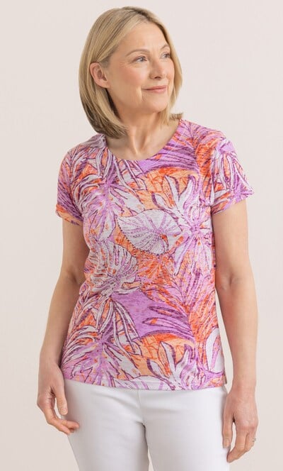 Anna Rose Embellished Leaf Print Top