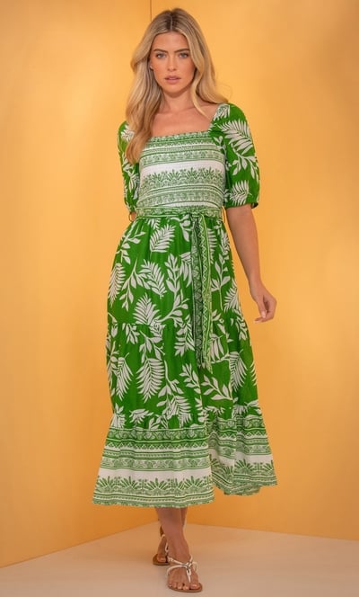 Leaf Print Smocked Body Midaxi Dress
