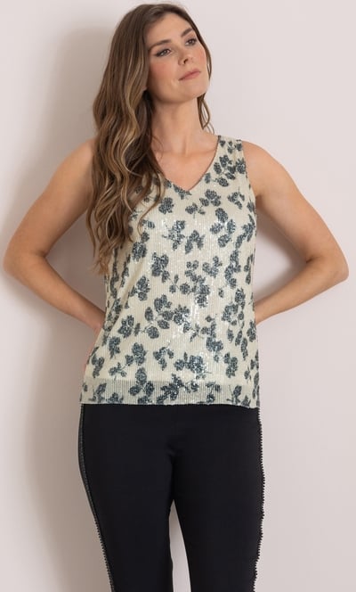 Sleeveless Printed Sequin Mesh Top