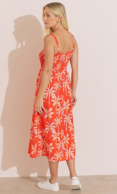 Palm Tree Print Smocked Midi Dress