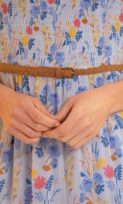 Belted Smocked Garden Print Midaxi Dress