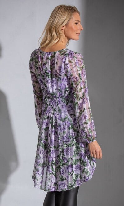 Floral And Stripe Shimmer Dip Hem Georgette Tunic Top