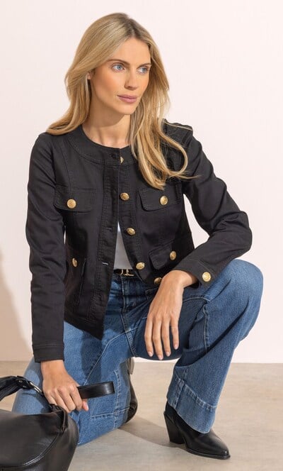 Collarless Cotton Blend Denim Jacket