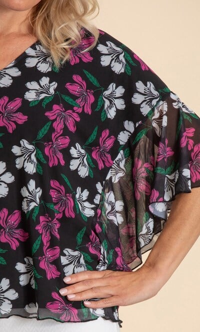 Floral Printed Angel Sleeve Mesh Top