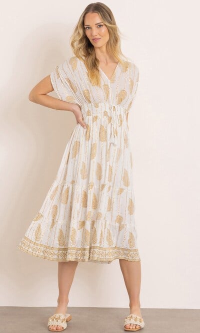 Lurex Stripe And Leaf Print Midi Dress