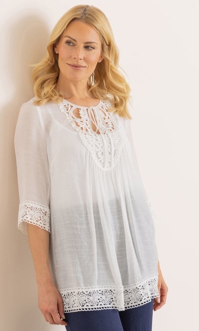 Lace Trimmed Tie Neck Top