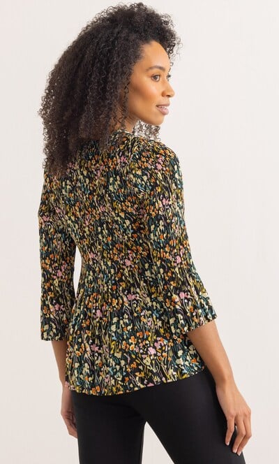 Three Quarter Sleeve Meadow Print Pleated Top
