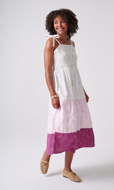 Floral Shimmer Print Smocked Cotton Midaxi Dress