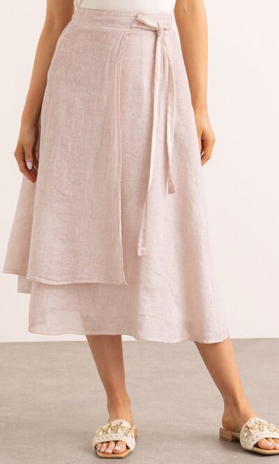 Linen Blend Mock Wrap Midi Skirt