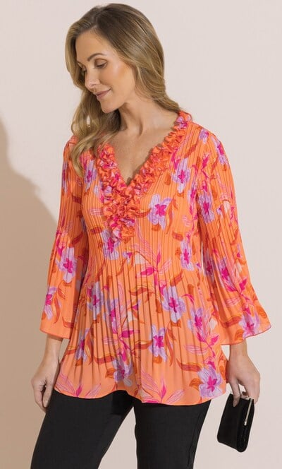 Floral Print Pleated Ruffle Top