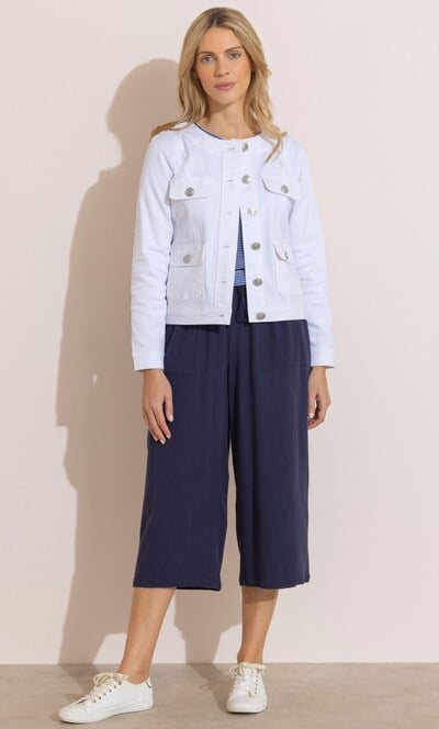 Collarless Cotton Blend Denim Jacket