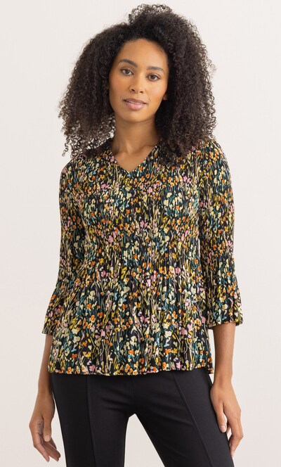Three Quarter Sleeve Meadow Print Pleated Top