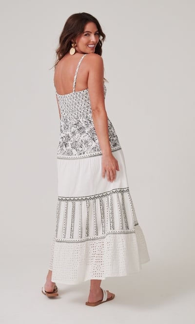 Cotton Blend Panelled Printed Strappy Maxi Dress