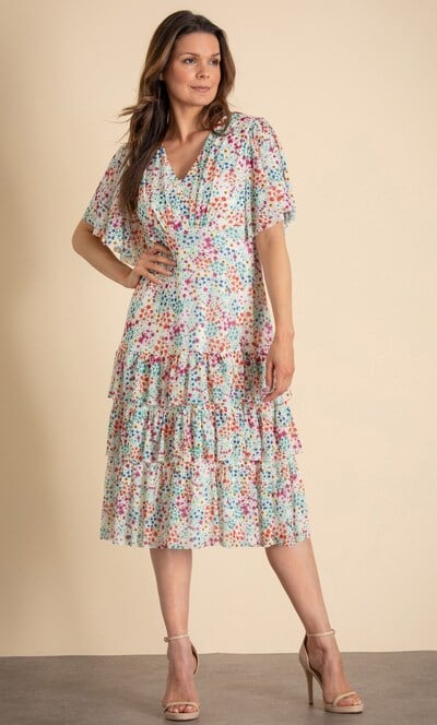 Meadow Print Frill Mesh Midi Dress