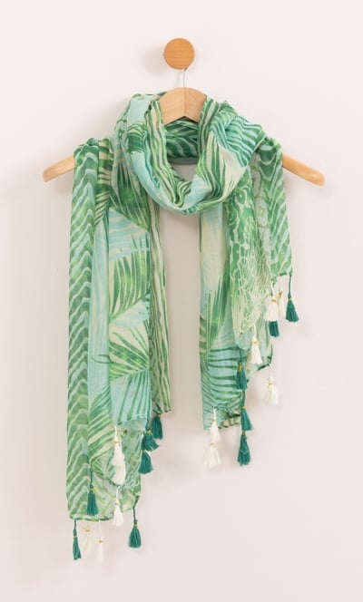 Lightweight Leaf Print Tassel Shimmer Scarf