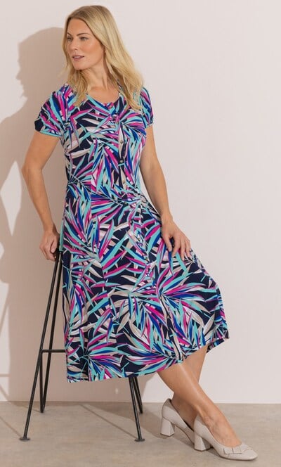 Anna Rose Leaf Print Midi Jersey Dress