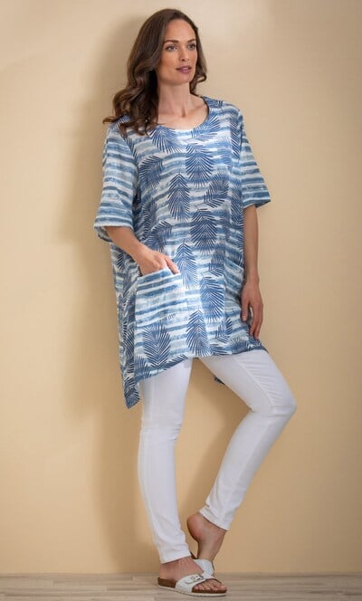 Leaf And Stripe Print Cotton Tunic Top