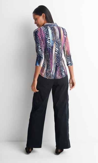 Anna Rose Textured Print Zip Detail Polo Top