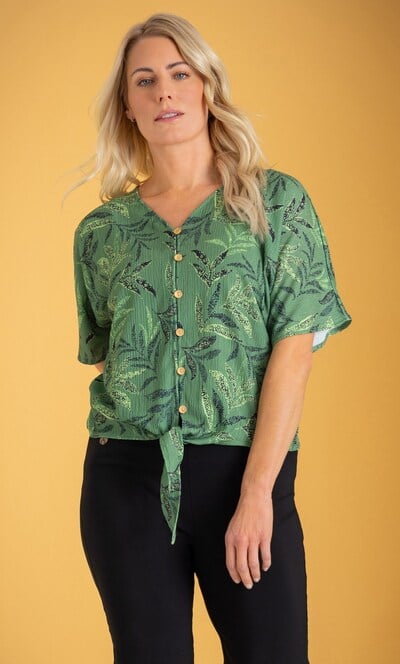 Leaf Print Tie Front Blouse