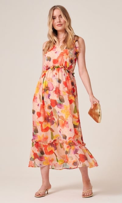 Bold Floral Shimmer Print Strappy Midaxi Dress