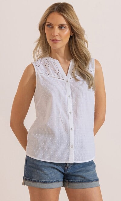 Broderie Anglaise Trimmed Dobby Cotton Top