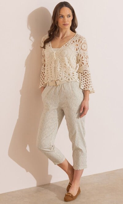 Cropped Tapered Pull On Striped Trousers