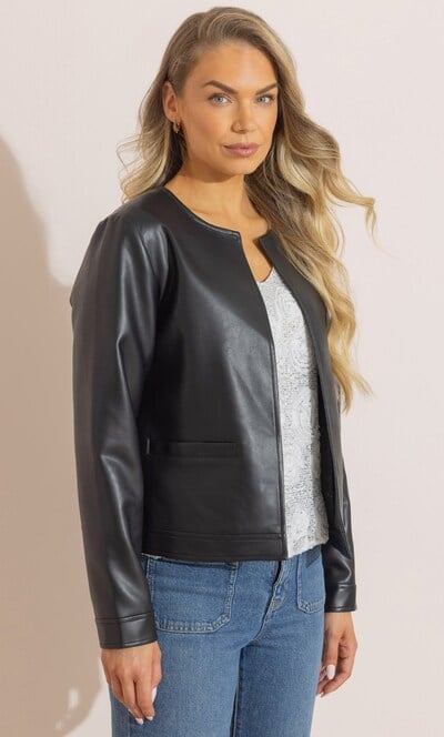 Faux Leather Collarless Jacket