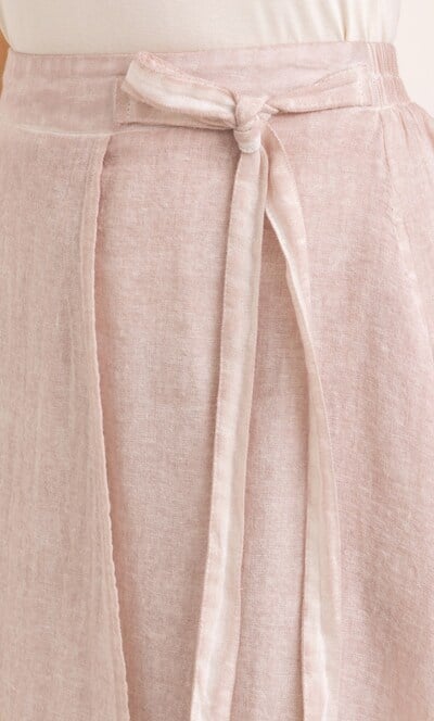 Linen Blend Mock Wrap Midi Skirt