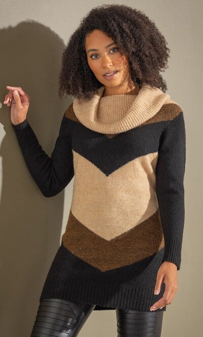 Cowl Neck Chevron Knit Tunic Top