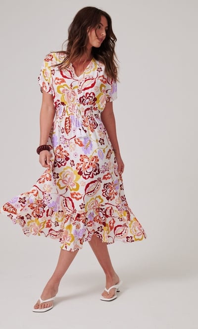 Floral Printed Smocked Waist Midi Dress
