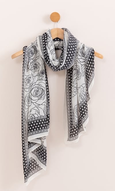 Lightweight Floral Sketch And Spotty Border Printed Scarf