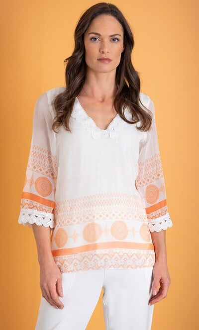 Crochet Trim Printed Chiffon Top