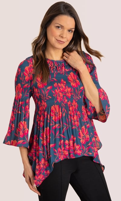 Floral Print Pleated Dip Hem Top