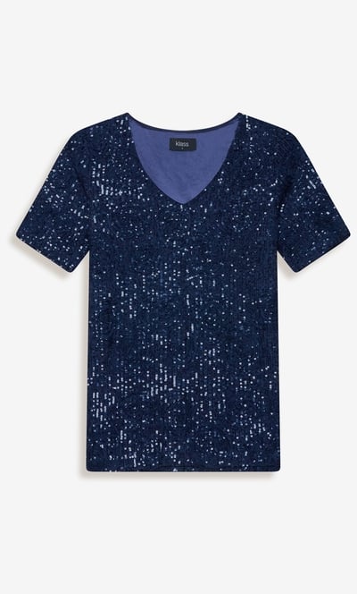 Applique And Sequin Short Sleeve Mesh Top
