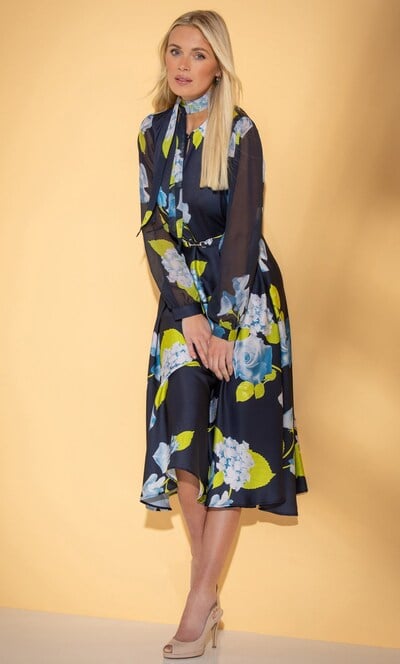 Garden Print Midi Dress With Neck Tie