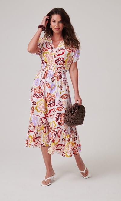 Floral Printed Smocked Waist Midi Dress