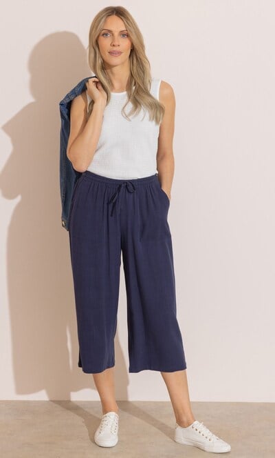 Wide Leg Linen Blend Cropped Trousers