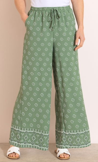 Printed Wide Leg Pull On Trousers