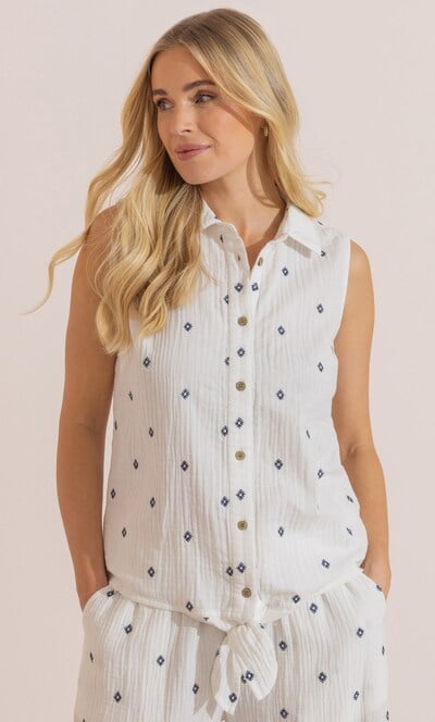 Embroidered Textured Sleeveless Cotton Top