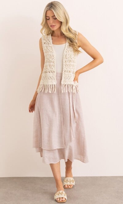 Linen Blend Mock Wrap Midi Skirt