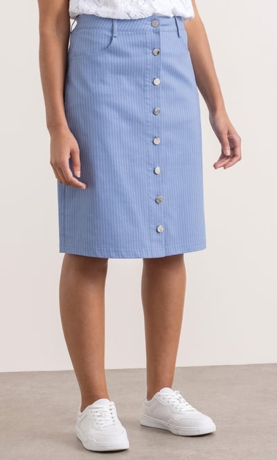 Striped Button Fastening Cotton Blend Skirt
