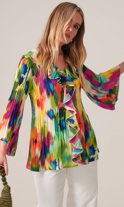 Abstract Print Pleated Ruffle Top