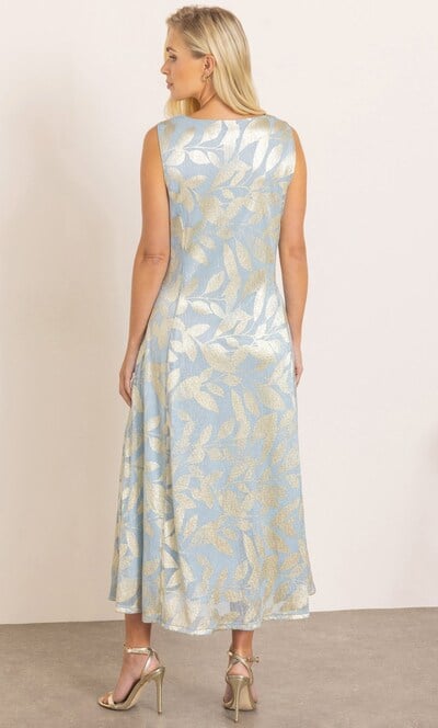 Metallic Leaf Print V Neck Midaxi Dress