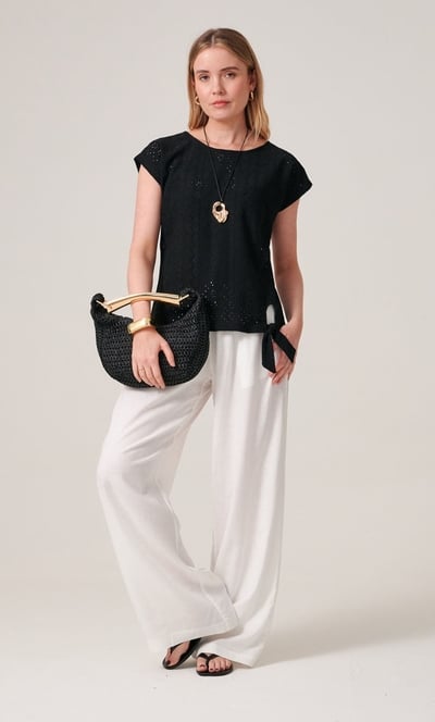 Eyelet Embroidered Tie Front Jersey Top
