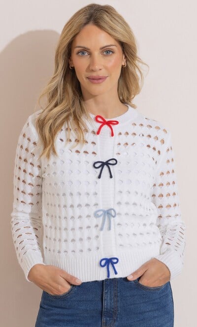 Bow Trim Pointelle Knitted Cardigan