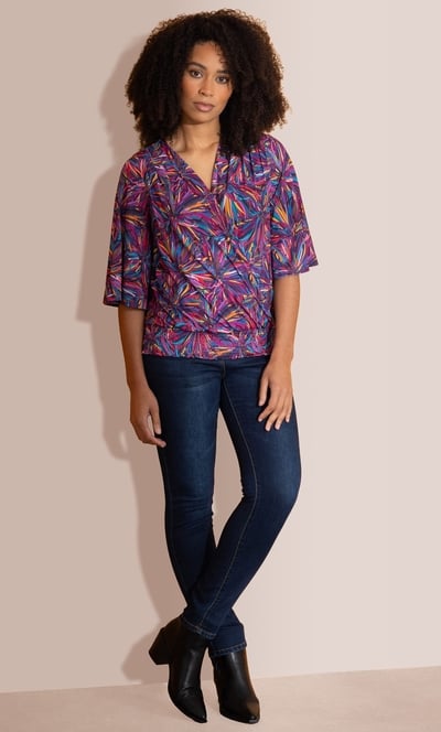Printed Wrap Smocked Hem Top