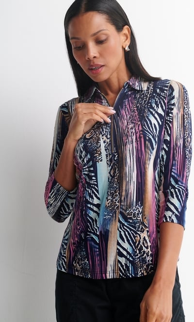 Anna Rose Textured Print Zip Detail Polo Top