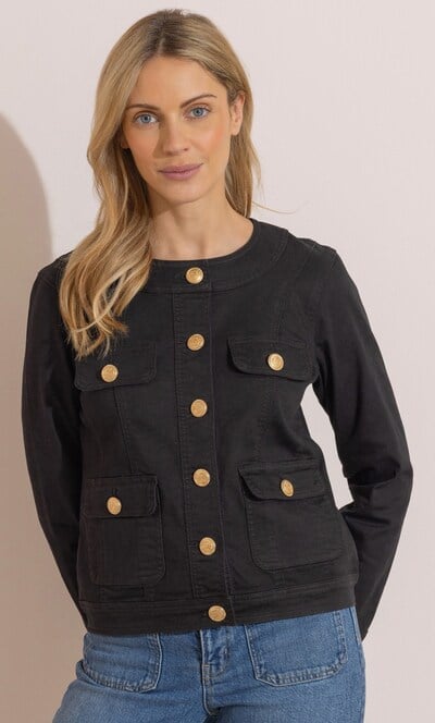 Collarless Cotton Blend Denim Jacket
