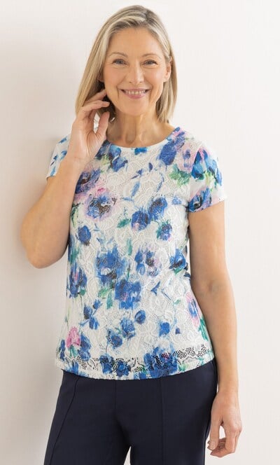 Anna Rose Printed Lace And Jersey Top